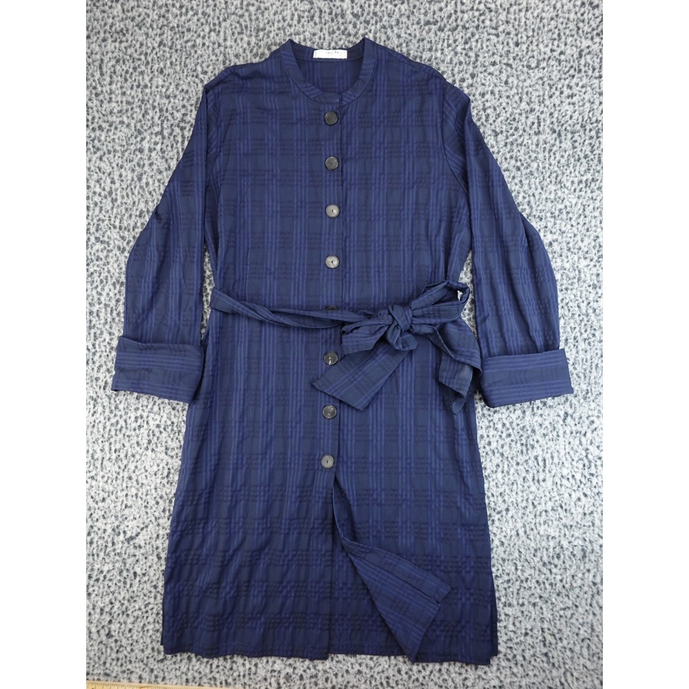 Mango MNG Suit Shirt Dress Womens 4 Navy Blue Textured Belted Midi Striped
